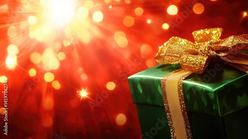 Obraz na płótnie Festive Christmas Gift. A vibrant green gift box with a golden ribbon sits against a backdrop w salonie