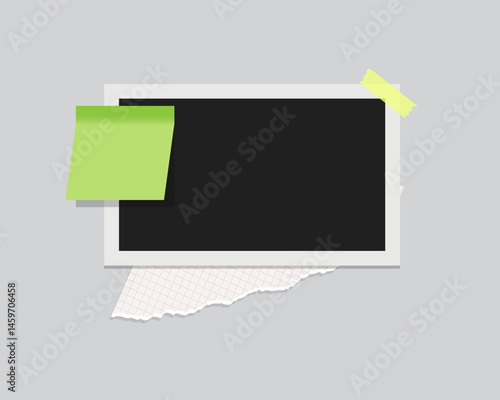 Polaroid Frame with Torn Paper and Green Sticky Note, Retro Photo Frame and Memo Note on Soft Background