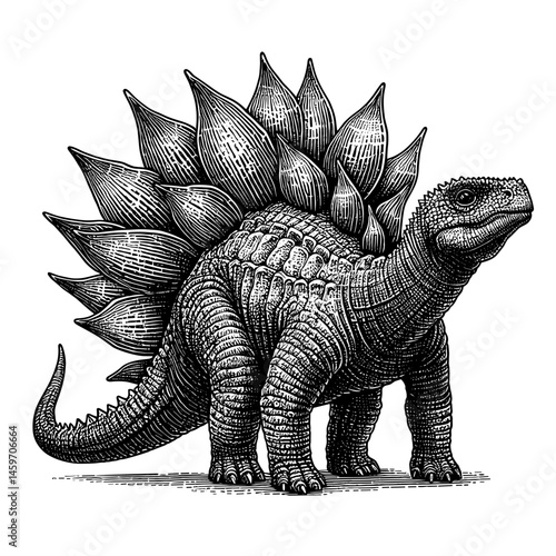 Stegosaurus illustration standing with spiked back in black and white  