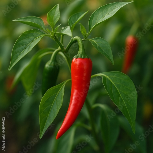 The ripening period of hot pepper. Red hot chili pepper grows on a bush, banner