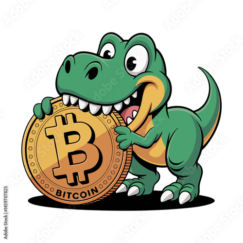 Green dinosaur holding a bitcoin, perfect for finance, cryptocurrency, and marketing concepts targeting younger audiences in a playful way.