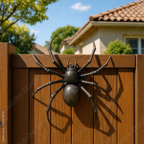 Unique metal spider sculpture on wooden gate at a sunny residential location