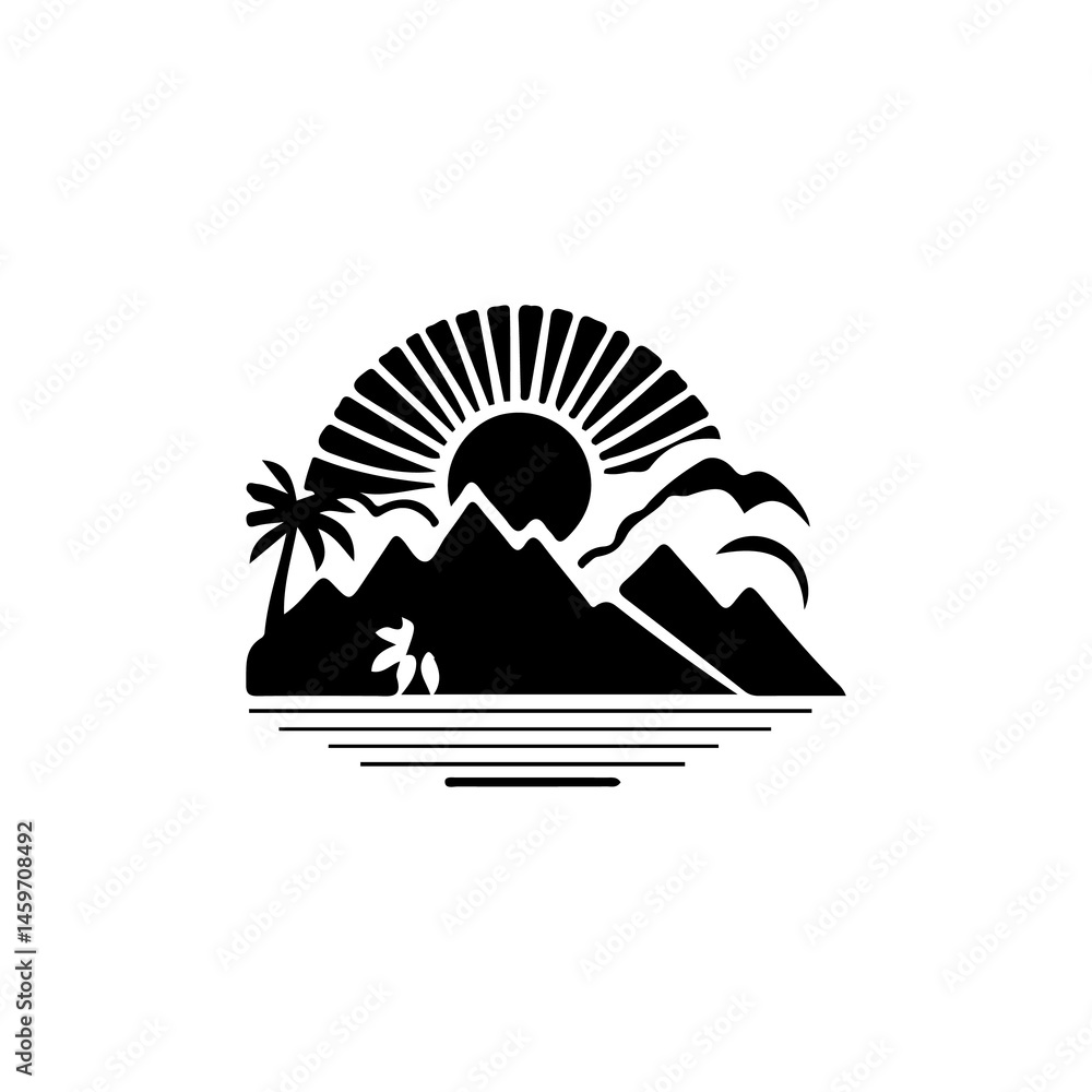 Fototapeta premium A black and white drawing of a mountain landscape with a sun and mountains in the background