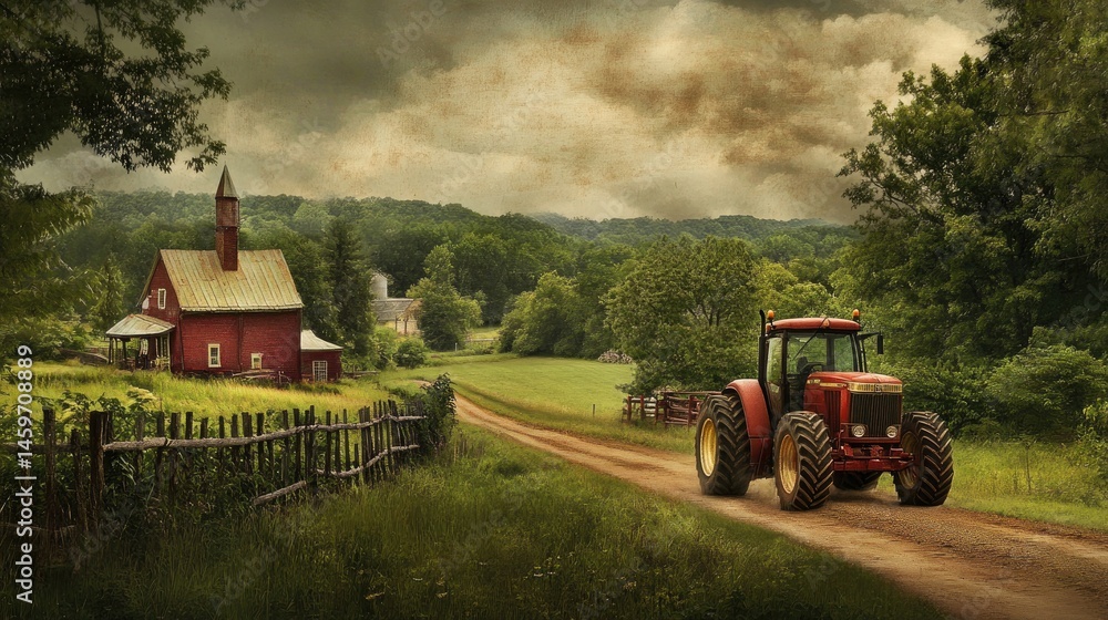 Obraz premium Scenic Rural Landscape with Tractor Near Red Barn and Green Fields