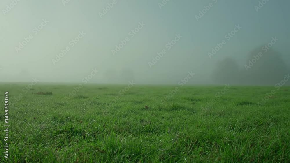 Misty Meadow Serenity: Tranquil Green Grass Field in the Grip of Atmospheric Fog Misty Meadow Serenity: Tranquil Green Grass Field in the Grip of Atmospheric Fog
