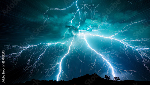 turquoise lightning bolts striking across a dark night sky creating a dramatic and powerful atmosphere