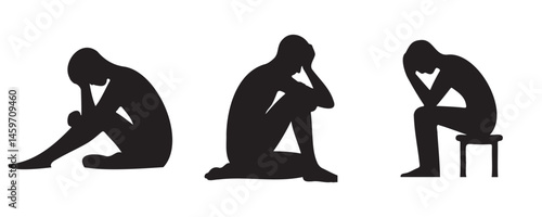 Silhouettes of three individuals in various sitting positions, expressing sadness, stress, or deep thought, emphasizing emotional distress or mental health