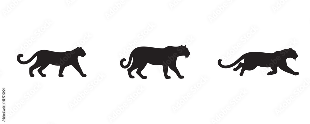 Obraz premium Stylized leopard silhouettes showing stalking, walking, and chasing postures, representing hunting instincts and jungle behavior