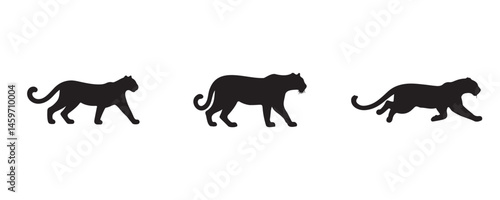 Stylized leopard silhouettes showing stalking, walking, and chasing postures, representing hunting instincts and jungle behavior