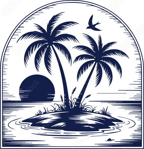 Hand-Drawn Tropical Island Scene – Black & White Palm Tree and Beach Line Art Illustration
