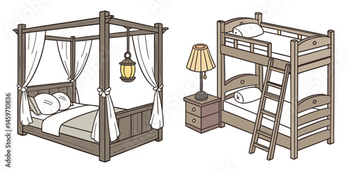 Bedroom Furniture Set: A charming cartoon illustration featuring a traditional canopy bed with white curtains and a bedside table with a lamp. Also included is a simple bunk bed with a ladder.