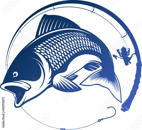 Fish catch and fishing rod with tackle round banner