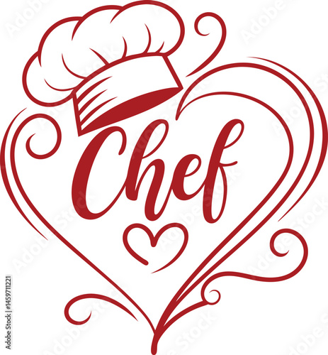 Red Heart Shaped Chef Logo with Toque and Swirls