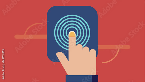 Fingerprint Scanner A closeup of a hand placing a finger on a sleek modern fingerprint scanner. The scanner displays glowing lines indicating the scanning process with a soft