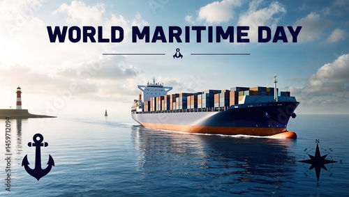 Calm ocean scene with a cargo ship on deep blue waters, lighthouse in the distance, partly cloudy sky, and marine symbols. “World Maritime Day” in bold navy font, clean, professional, and global.

