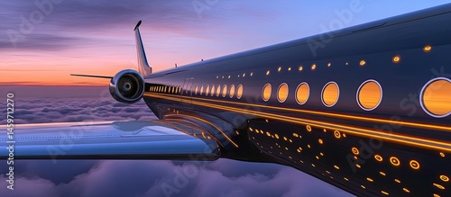 Obraz na płótnie Luxurious Private Jet Soaring Above Clouds at Sunset w salonie