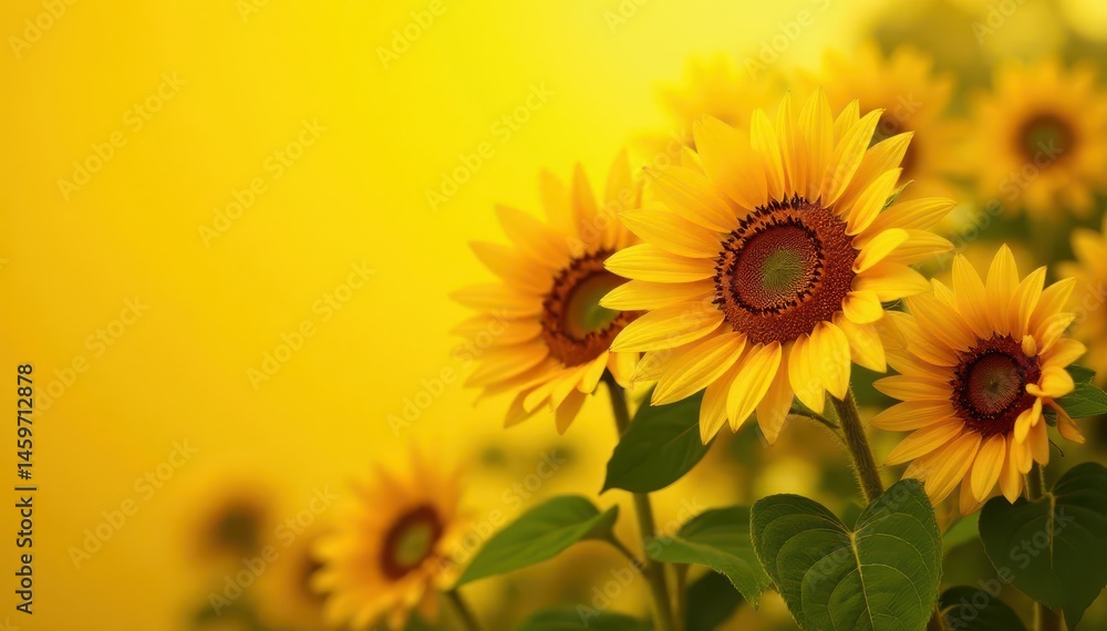 Obraz premium Sun-drenched sunflowers and bananas cluster on yellow, stock, fruit, yellow background