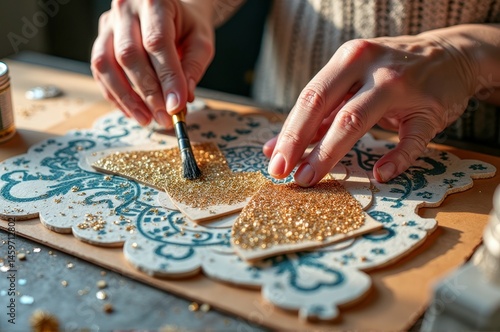 Female hands crafting glitter heart art on decorated wooden board