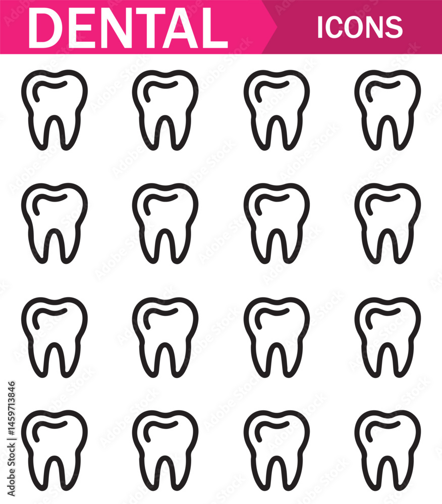 Collection of line art tooth icons, perfect for dental, healthcare, and hygiene-related digital projects or illustrations. Collection of line art tooth icons, perfect for dental, healthcare, and hygiene-related digital projects or illustrations.