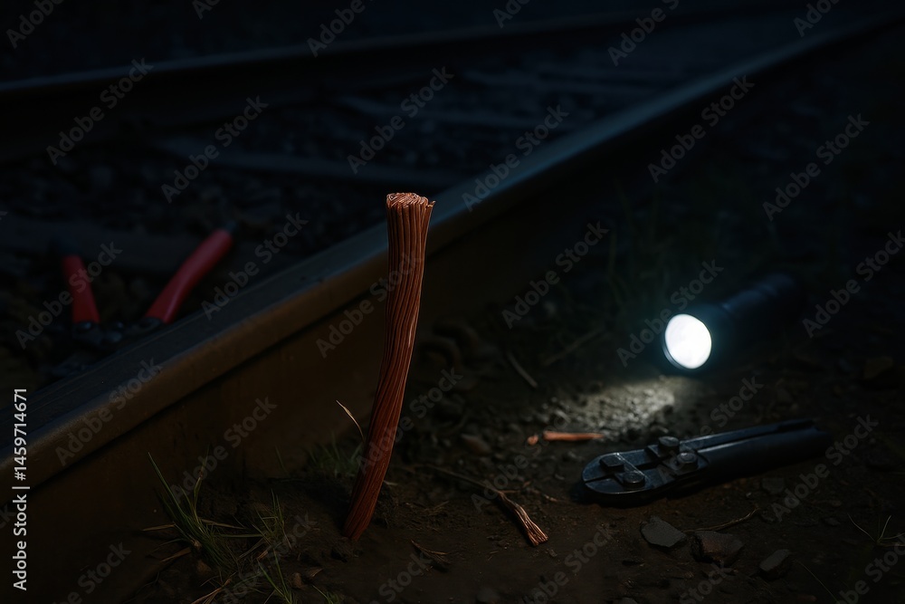 Freshly severed copper cable exposed beside tools left on railway. AI-generated