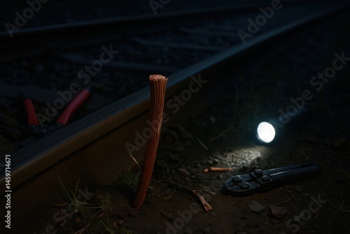 Obraz na płótnie Freshly severed copper cable exposed beside tools left on railway. AI-generated w salonie