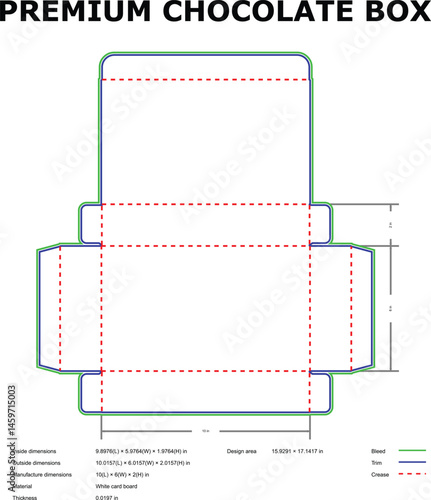 Detailed diagram of a premium chocolate box with dimensions and technical specifications