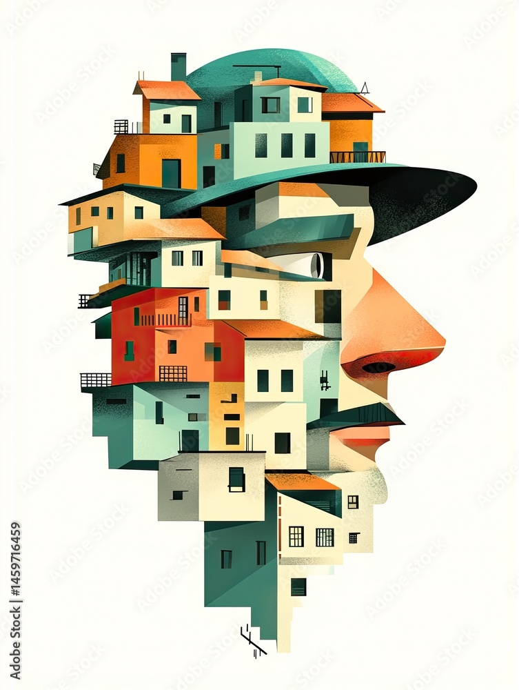 Naklejka premium Abstract artwork of a face composed of colorful stacked structures suggesting thought and urban integration against a white background.