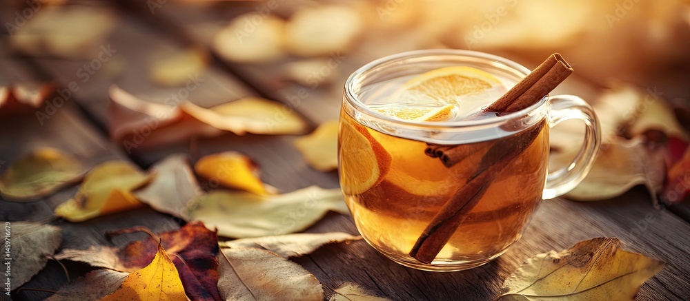Warm Autumn Drink on Wooden Table