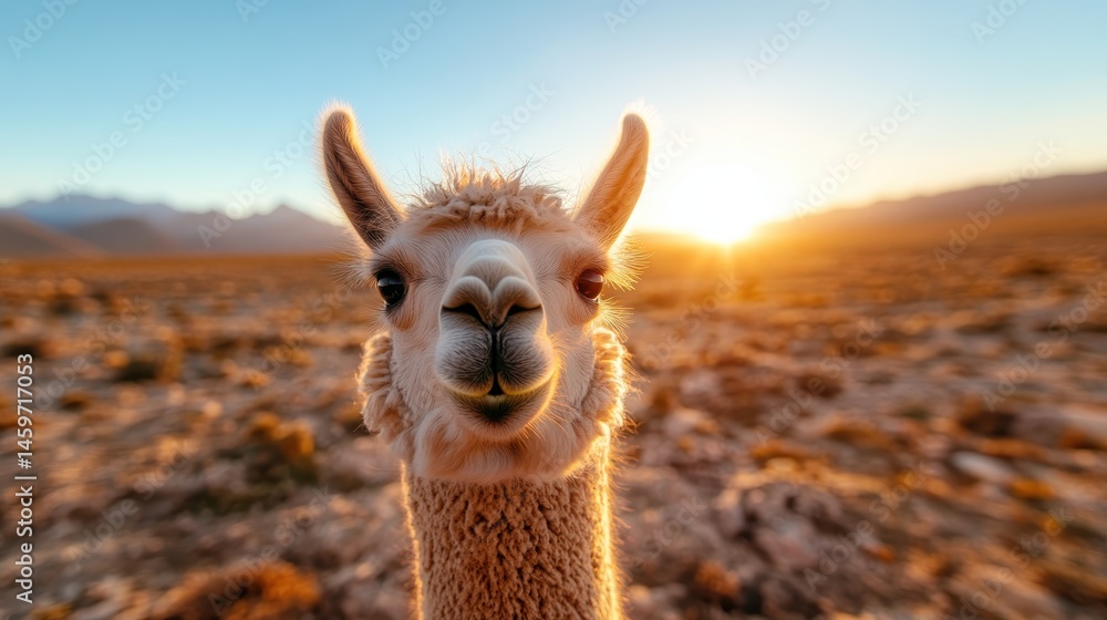 Obraz premium A curious llama looks deeply into the sunset-filled horizon, encapsulating the serene beauty of nature, curiosity, and the profound sense of wonder in the world.