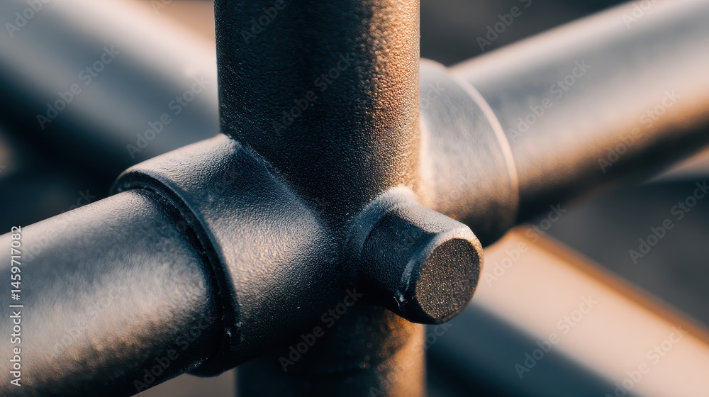 Close-up view of a metal pipe joint in industrial setting with blurred background elements Close-up view of a metal pipe joint in industrial setting with blurred background elements