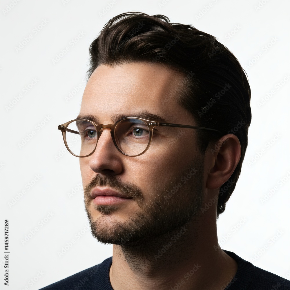 A stylish man with round glasses looks thoughtfully into the distance in a studio portrait setting. A stylish man with round glasses looks thoughtfully into the distance in a studio portrait setting.