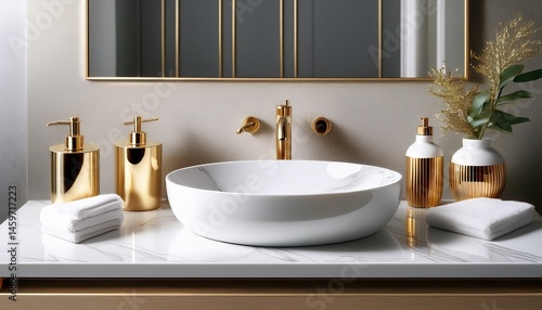 showcasing an elegant and modern bathroom vanity in a sleek white and gold color scheme featuring a ceramic sink a premium faucet a soap dispenser and other stylish accessories