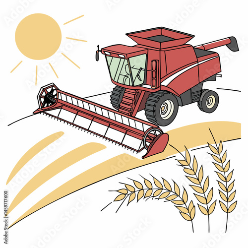 A modern red combine harvester harvesting wheat in a sunny field  