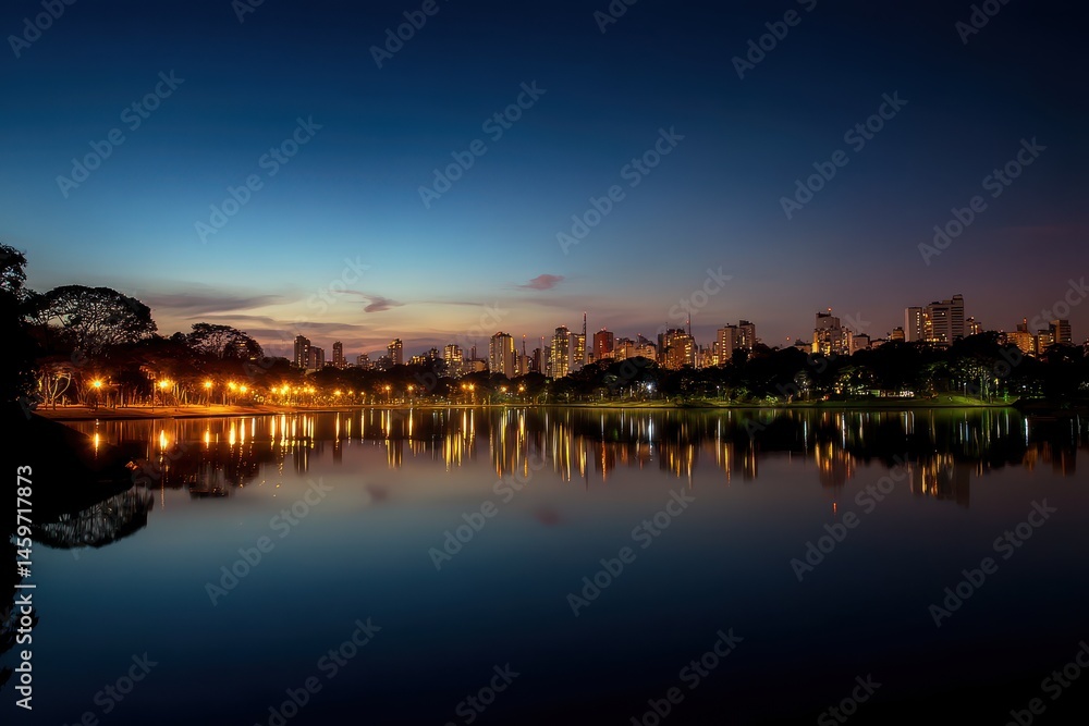 Fototapeta premium Ibirapuera: Sao Paulo's Twilight Skyline Beauty from Parque Ibirapuera, Capturing the Essence of Brazil's Night Sky