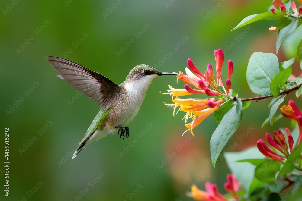 Naklejka premium Colorful Female Ruby-Throated Hummingbird at Coral Honeysuckle Amidst Lush Greenery: A Beautiful Close-Up with Copy Space