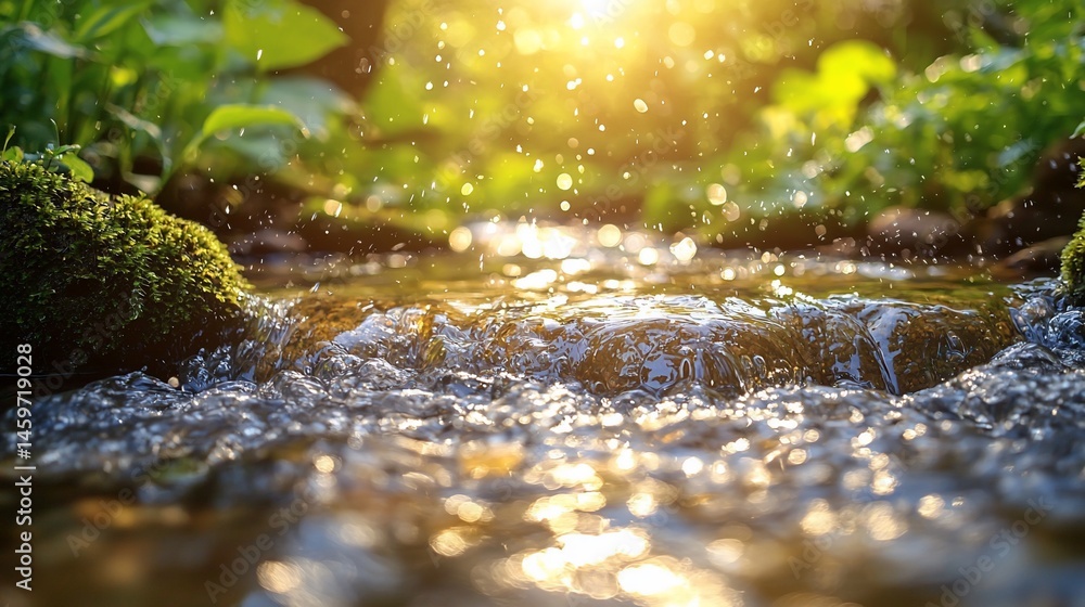 Fototapeta premium Sunlight streams through a crystal-clear brook