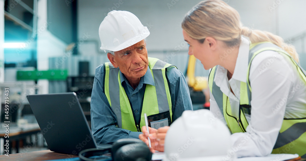 Obraz premium Teamwork, engineers and discussion with notes for planning, tech and communication at factory. Woman, mentor man and writing for brainstorming, problem solving and engineering with safety ppe