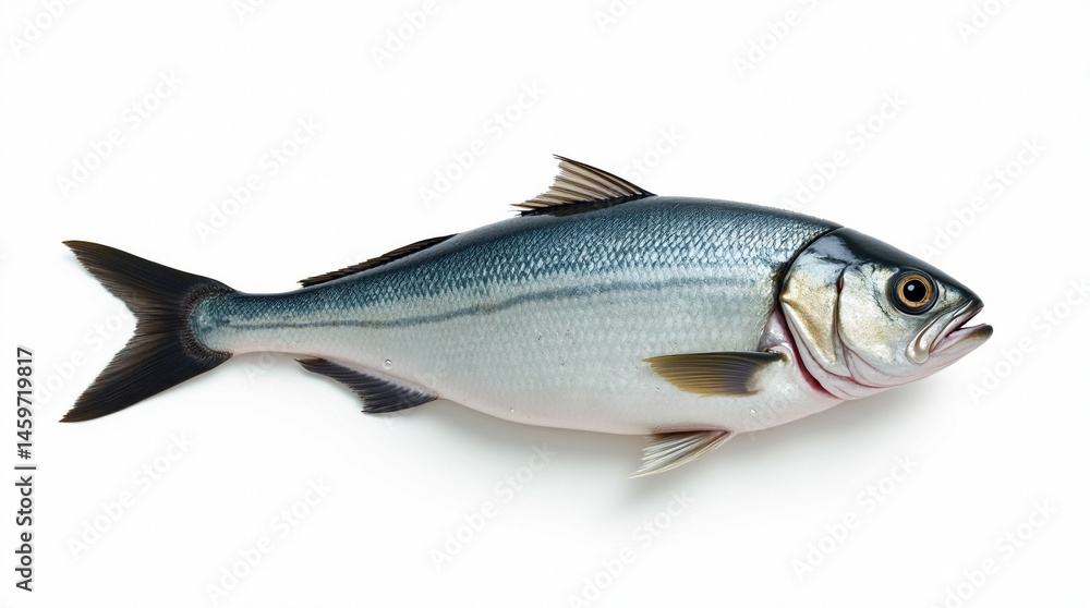 Naklejka premium Bluefish Side View on White Background. Realistic side view of a bluefish isolated on white background, ideal for food and marine concepts.