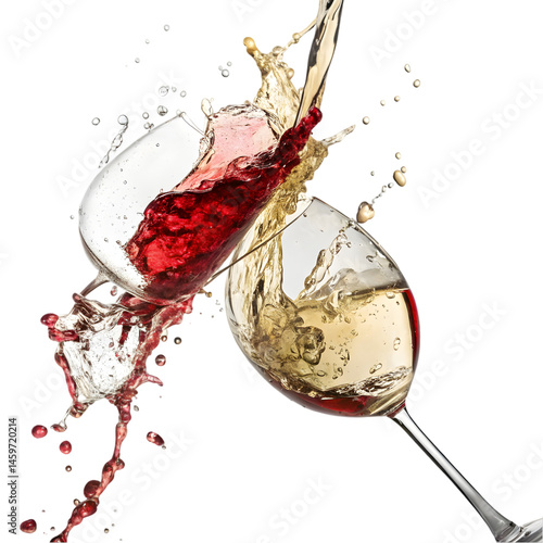 Red and White Wine Splashing in Glasses on transparent background