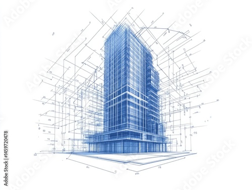 Architectural illustration of a tall building in shades of blue against a white background with surrounding dotted lines suggesting a digital or technological concept