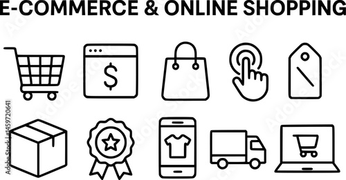 E-commerce and Online Shopping Icons Set Vector — Cart, Payment, Delivery, Mobile App, Package