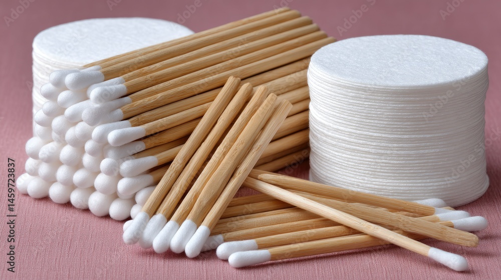 Elegant close-up of cotton swabs and wooden sticks in a clear plastic container, showcasing their natural texture for personal care in a clean bathroom setting Elegant close-up of cotton swabs and wooden sticks in a clear plastic container, showcasing their natural texture for personal care in a clean bathroom setting