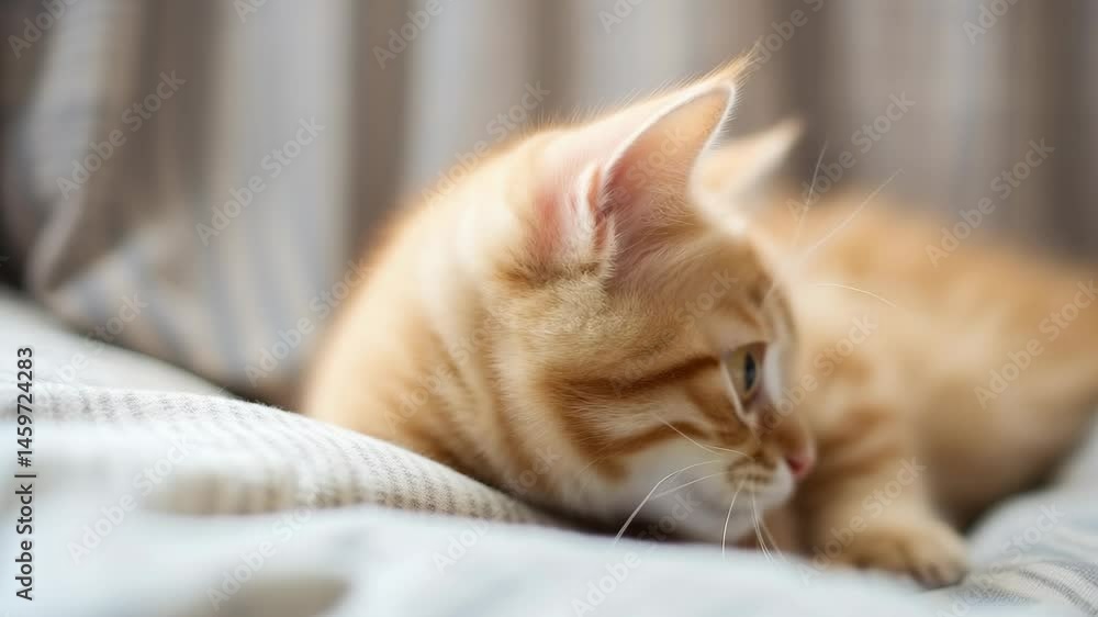 Cute ginger kitten lying on a cozy bed, curiously exploring its new home while playfully observing its surroundings. Soft, blurred background enhancing the serene atmosphere Cute ginger kitten lying on a cozy bed, curiously exploring its new home while playfully observing its surroundings. Soft, blurred background enhancing the serene atmosphere