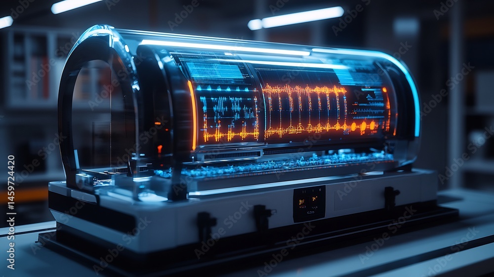 Obraz premium Futuristic DNA testing machine holographic interface powered by bioinformatics backend systems