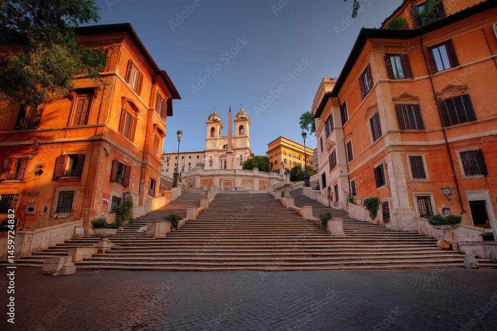 Fototapeta premium Morning Serenity at the Spanish Steps: A Glimpse of Piazza di Spagna in Rome, Italy