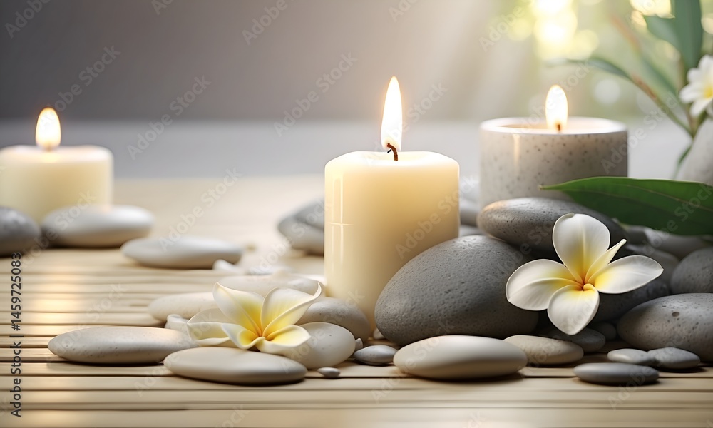 Tranquil spa scene lit candles, smooth stones, and delicate white plumeria blossoms create a peaceful and calming atmosphere, perfect for relaxation and rejuvenation. Indulge in serenity. Tranquil spa scene lit candles, smooth stones, and delicate white plumeria blossoms create a peaceful and calming atmosphere, perfect for relaxation and rejuvenation. Indulge in serenity.