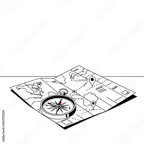 Compass on Map for Navigation in Minimalist Style  