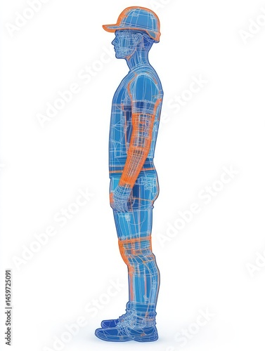 Fototapeta Naklejka Na Ścianę i Meble -  Side profile of digital worker with blue and orange outline. Dotted structure on white background. Depicting a construction worker with a cap.