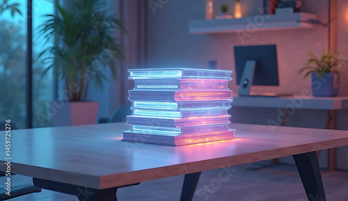 A conceptual image featuring glowing digital books floating in mid-air, symbolizing the transformation from traditional education to online learning. ai generative