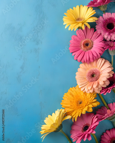 A photorealistic image of a colorful bouquet of gerbera daisies placed elegantly on a vibrant yellow background. The bouquet consists of a vivid mix of pink, orange, red, yellow, and white gerbera dai